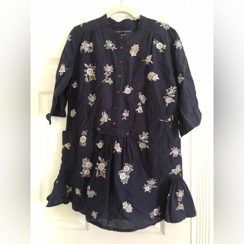 French Connection Navy Embroidered Tunic Dress Sz 10